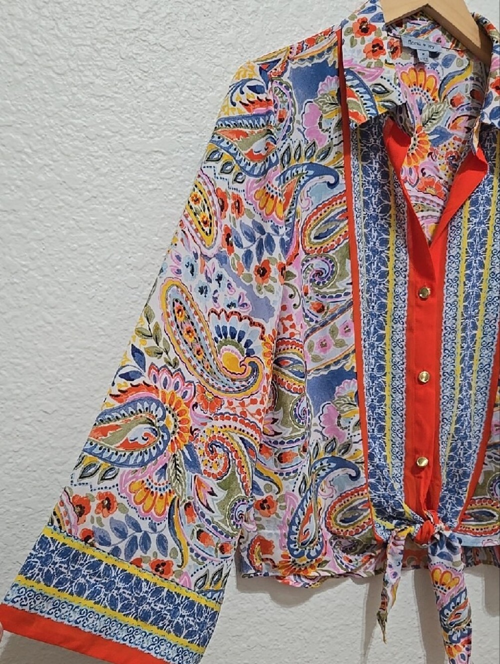 Floral And Ivy Boho Paisley Tie-Front Bell Sleeves Button Shirt - Orange Multi - Picture 2 of 12